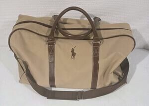 Ralph Lauren Mens Beige & Brown Canvas With Shoulder Strap Travel Duffle Bag VGC
